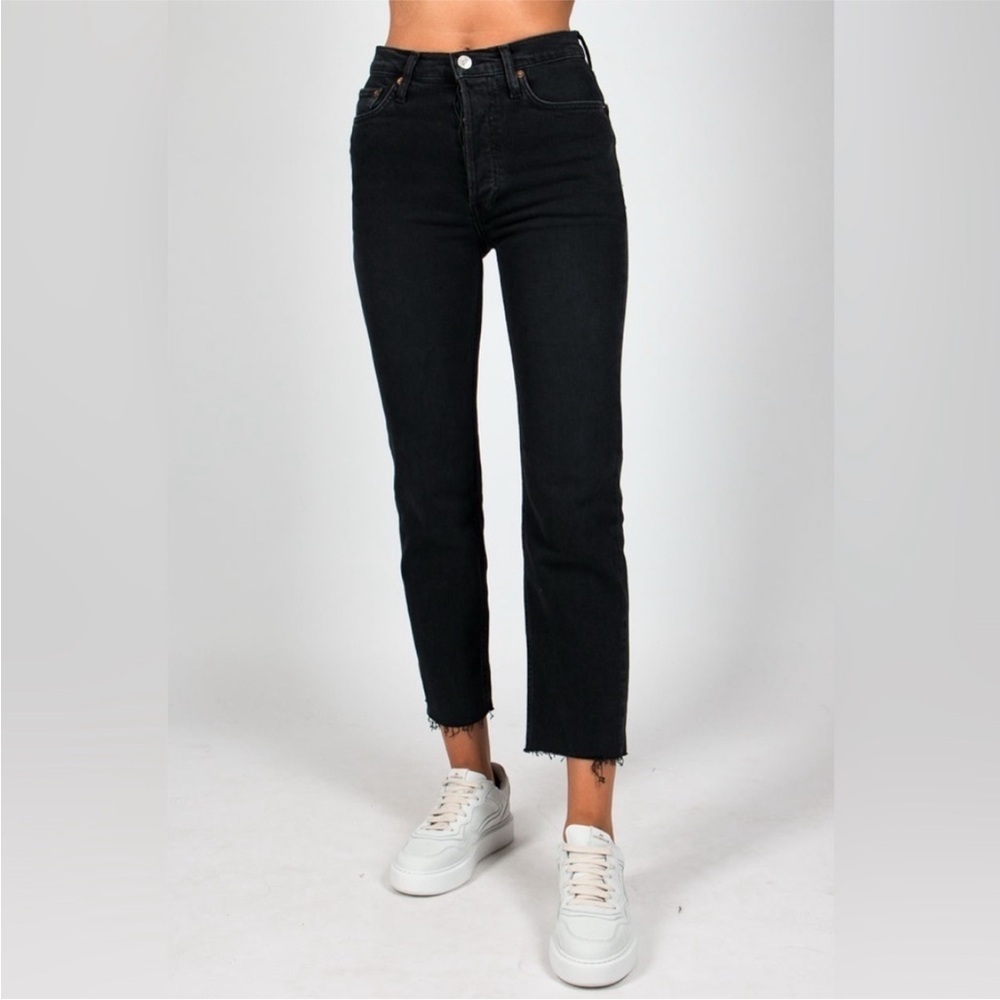 RE/DONE Black High Waisted Ankle Crop Raw Hem Button Fly Jeans Size 27
